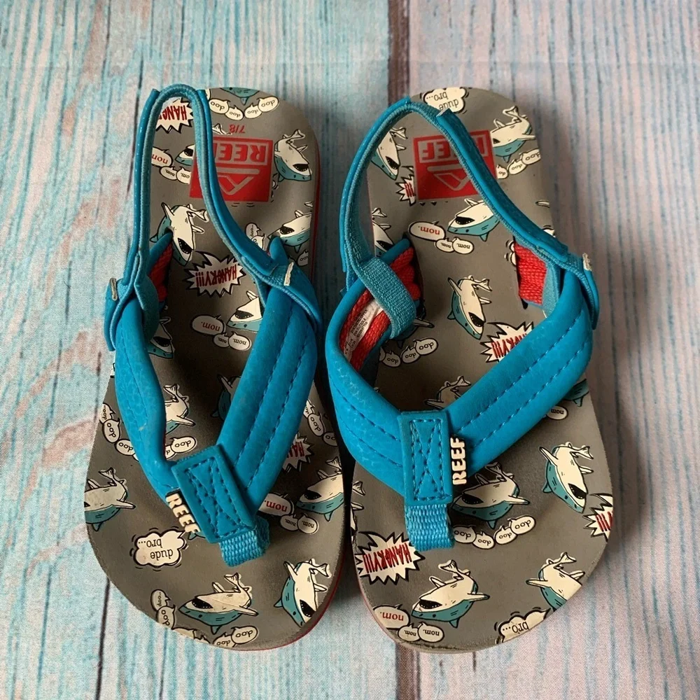Reef Kids Blue Dinosaur Flip Flops